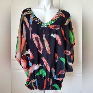 Metro 22-Semi-sheer, black, feather print blouse